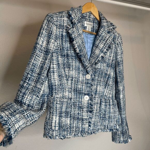 Chadwicks Tweed Blazer Blue White Fringed Trim Button Front Career Jacket - Picture 5 of 7